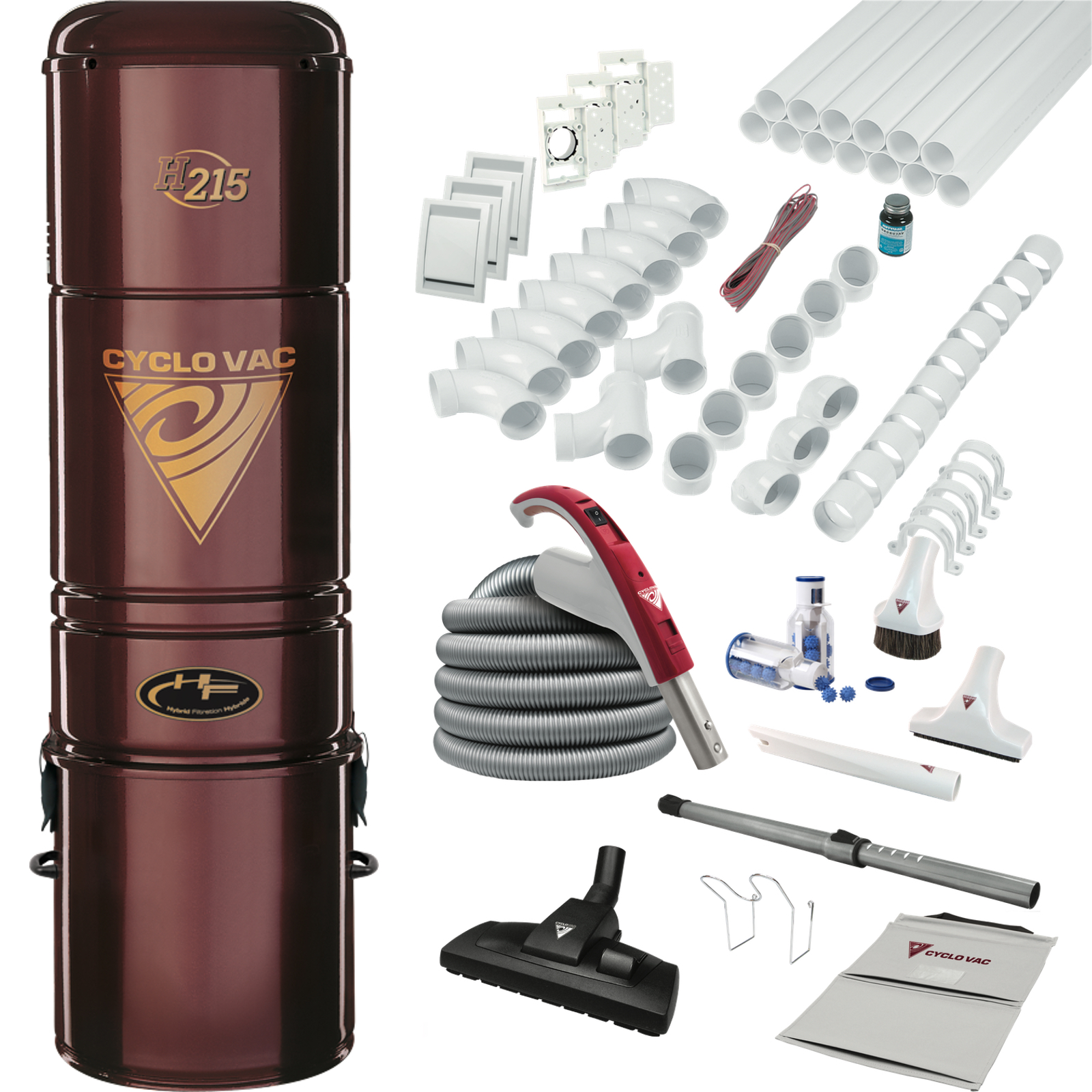 Komplett-Set Zentralstaubsauger Cyclo Vac 215H - 3 Saugdosen - 9m Saugset